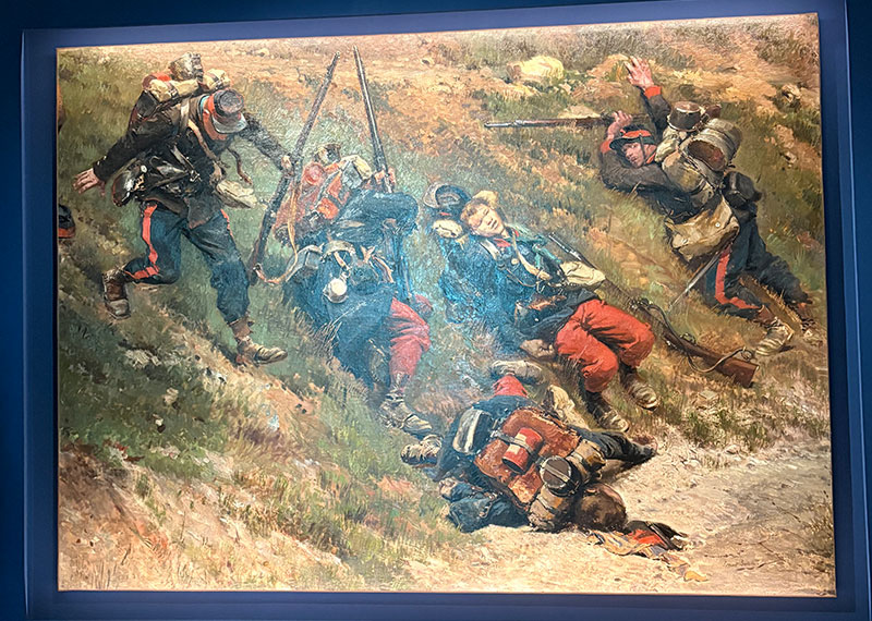 Tableau Fantassins dans un chemin creux d'Édouard Detaille, représentant des soldats au combat. Choisir la Paix : le combat d'Albert Kahn